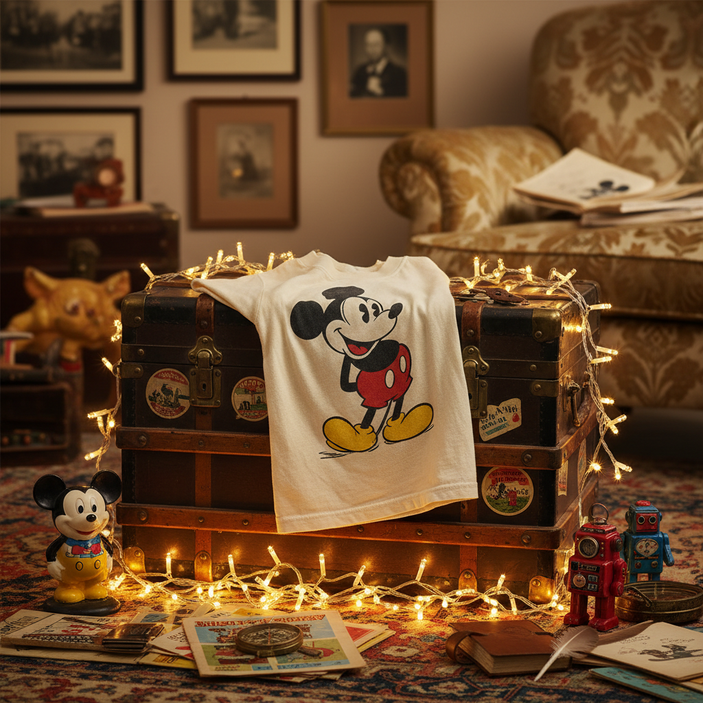 vintage mickey tee and collectibles on an antique trunk with fairy lights