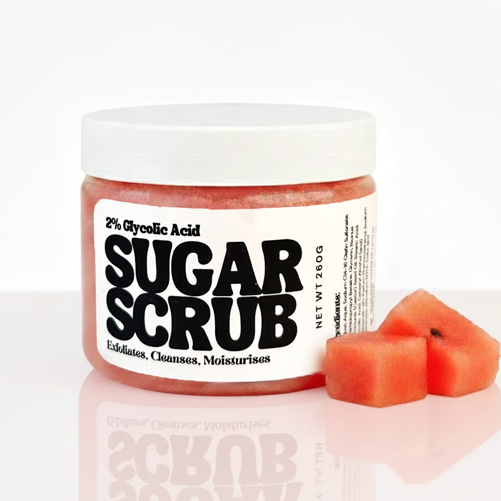 Watermelon Mojito sugar scrub jar with real sugar crystals, a refreshing body scrub that exfoliates, cleanses, and moisturizes skin