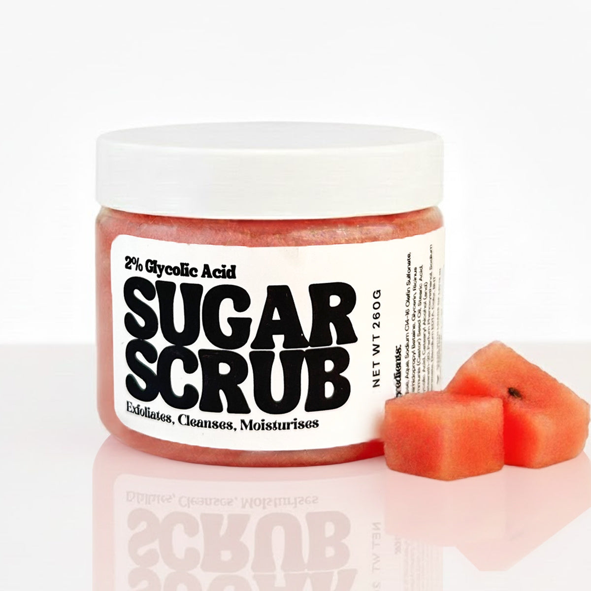 Watermelon Mojito sugar scrub jar with real sugar crystals, a refreshing body scrub that exfoliates, cleanses, and moisturizes skin