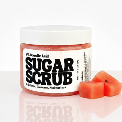 Watermelon Mojito sugar scrub jar with real sugar crystals, a refreshing body scrub that exfoliates, cleanses, and moisturizes skin